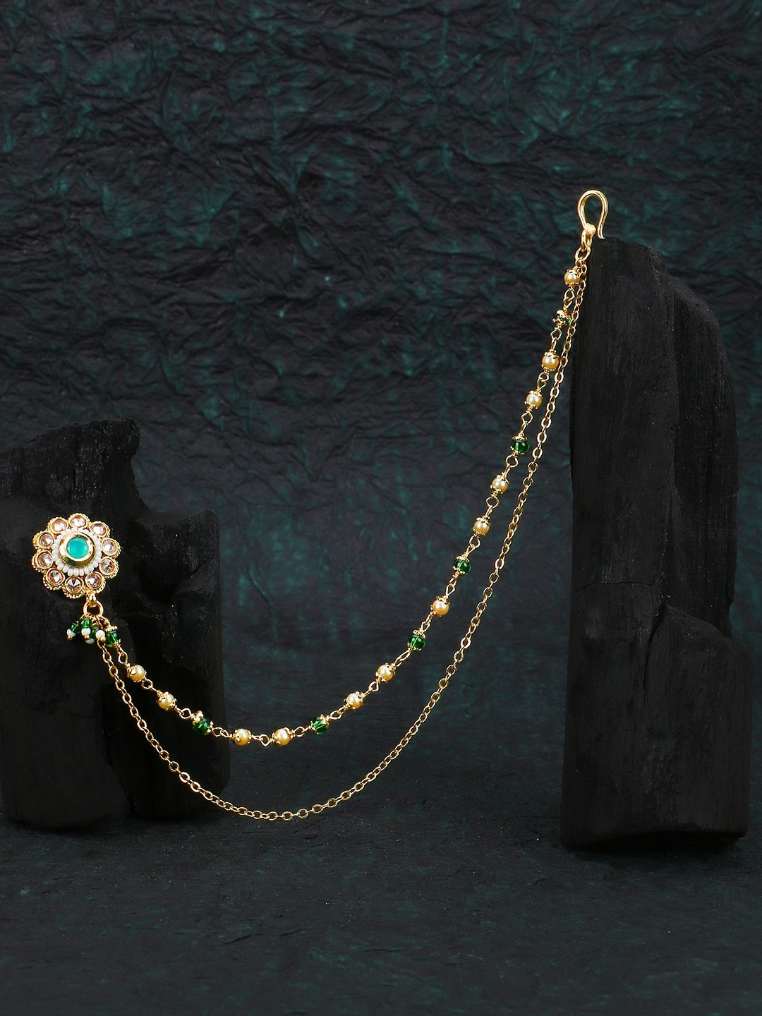

Adwitiya Collection Gold-Plated Flower Stone-Studded & Pearl Beaded Nose Pin With Chain