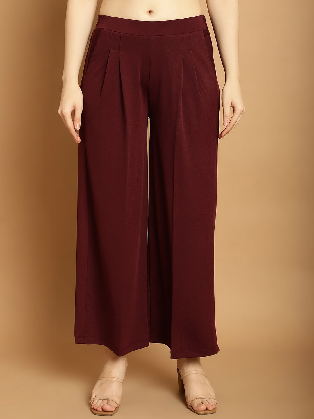 

GRACIT Women Relaxed Flared High-Rise Parallel Trousers, Maroon