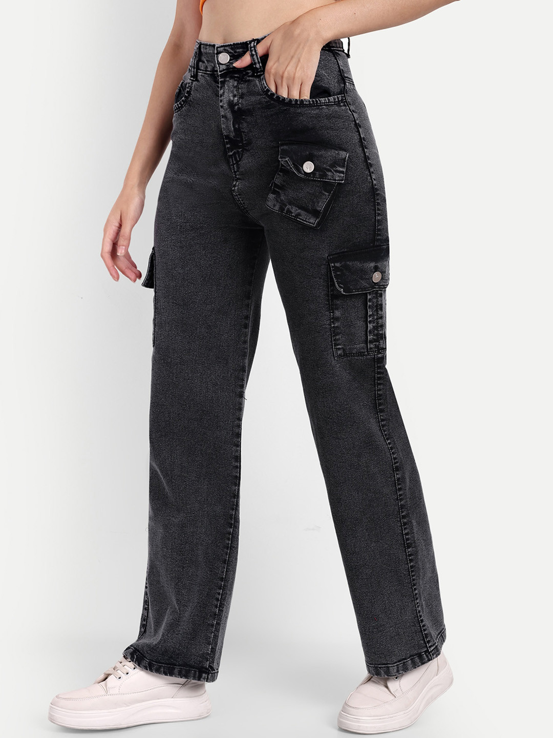 

BROADSTAR Women Smart Wide Leg High-Rise Clean Look Stretchable Cargo Jeans, Black