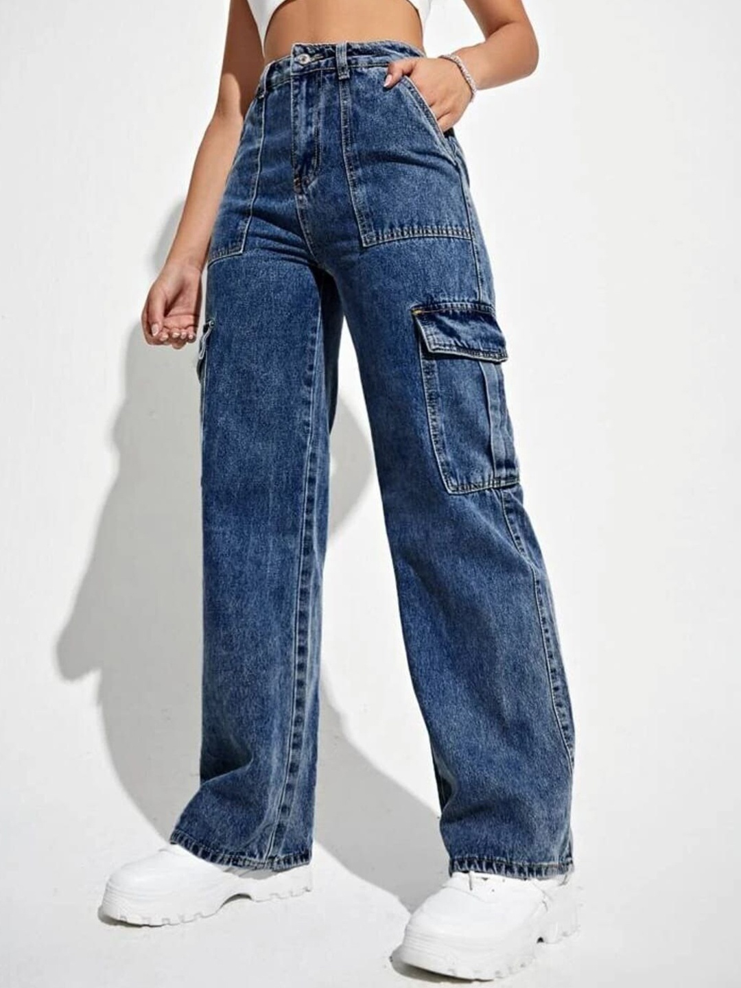 

BROADSTAR Women Smart Wide Leg Heavy Fade Clean Look High-Rise Stretchable Cargo Jeans, Navy blue