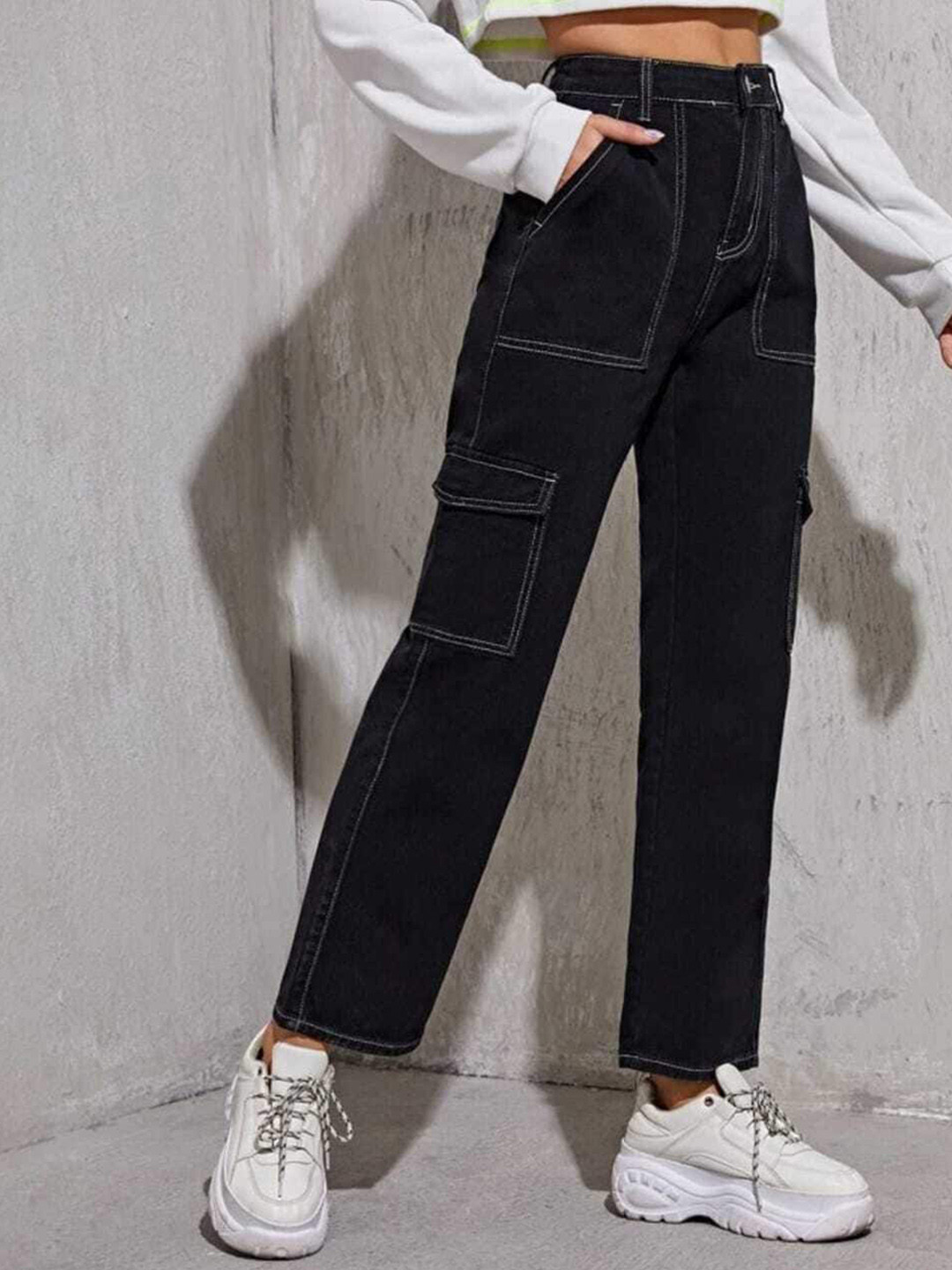 

BROADSTAR Women Smart Wide Leg High-Rise Stretchable Cargo Jeans, Black