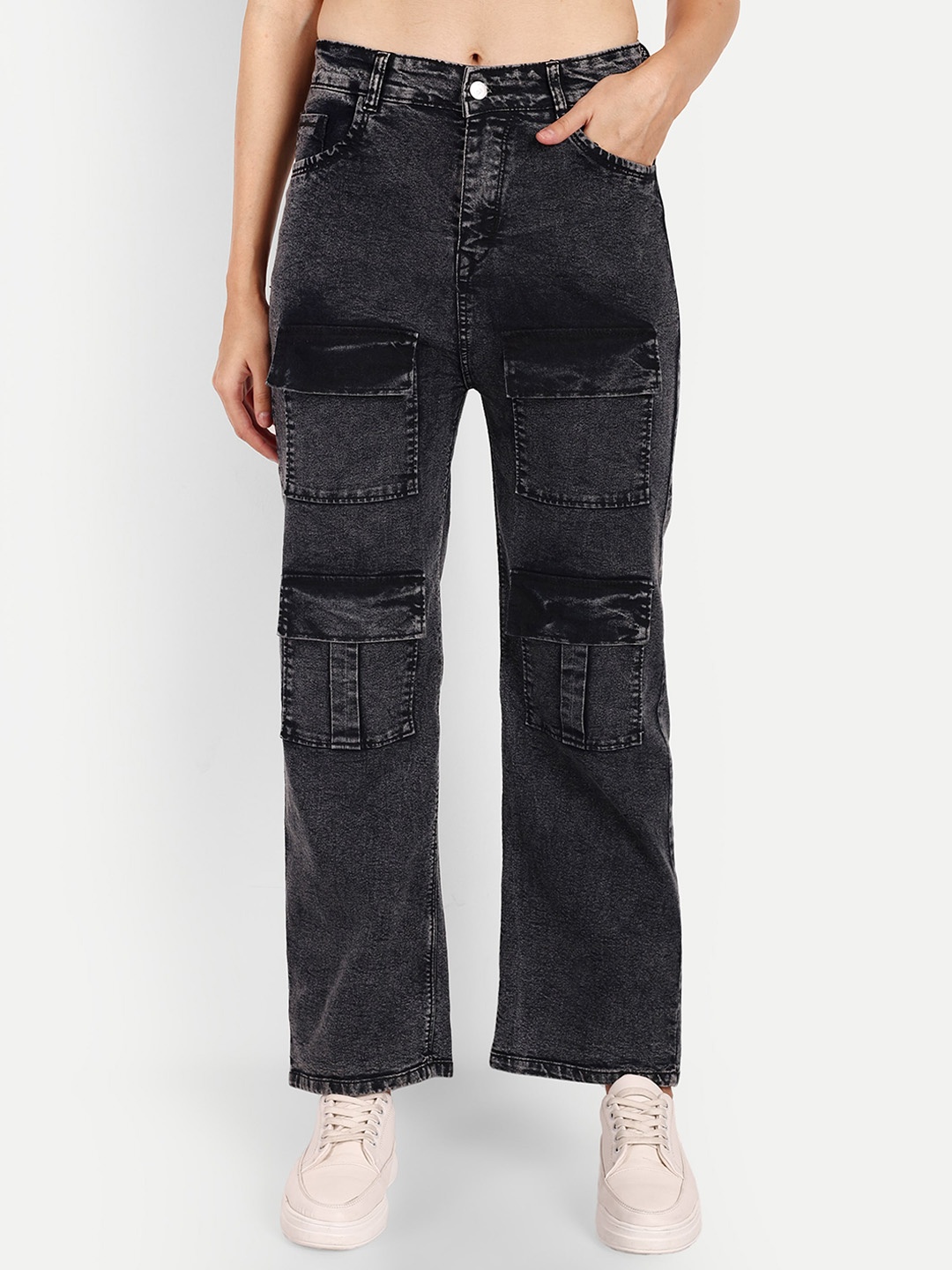 

BROADSTAR Women Smart Clean Look Wide Leg High-Rise Cotton Stretchable Jeans, Black