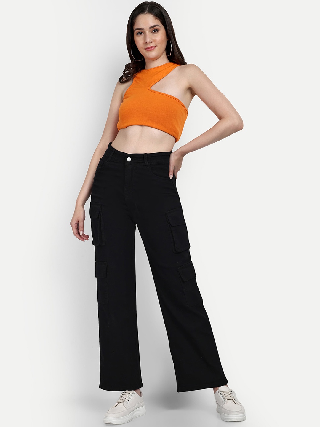 

BROADSTAR Women Black Smart Wide Leg High-Rise Stretchable Cargo Jeans