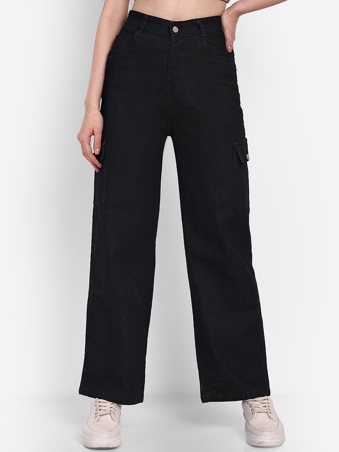 

BROADSTAR Women Smart Wide Leg High-Rise Stretchable Cargo Jeans, Black