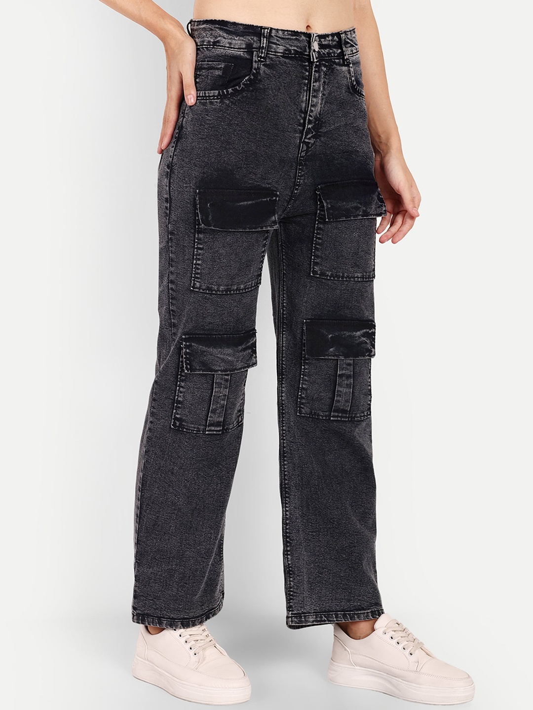 

BROADSTAR Women Smart Straight Fit High-Rise Stretchable Cargo Jeans, Black