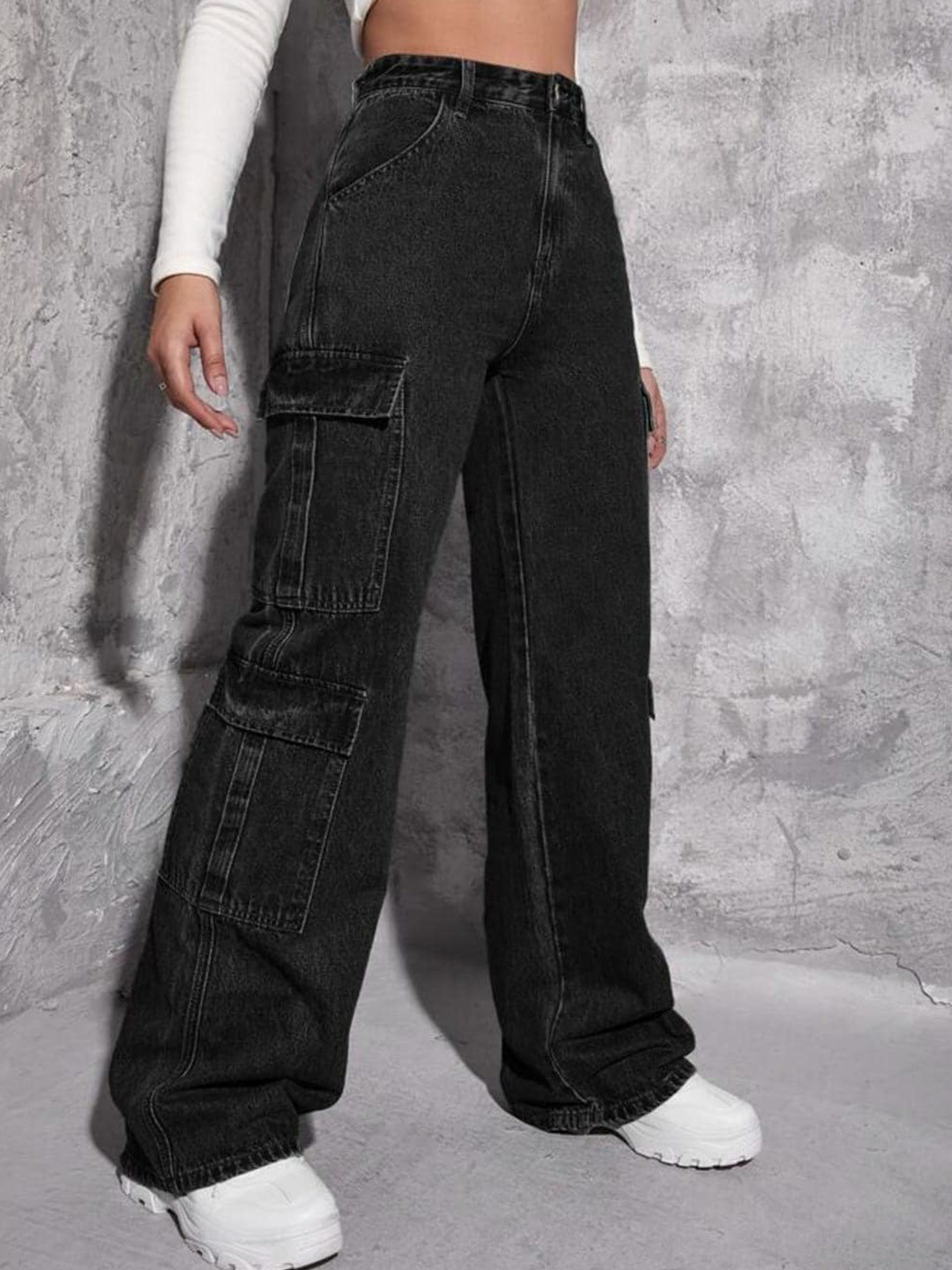 

BROADSTAR Women Smart Straight Fit High-Rise Cotton Cargo Jeans, Black