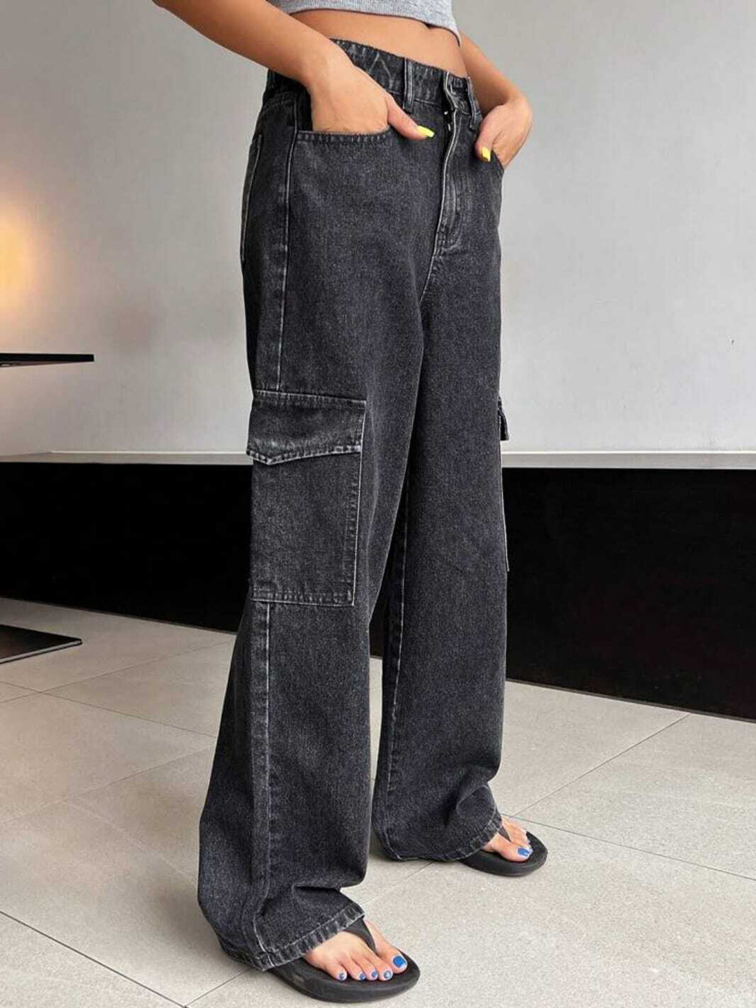 

BROADSTAR Women Smart Wide Leg High-Rise Clean Look Stretchable Jeans, Black