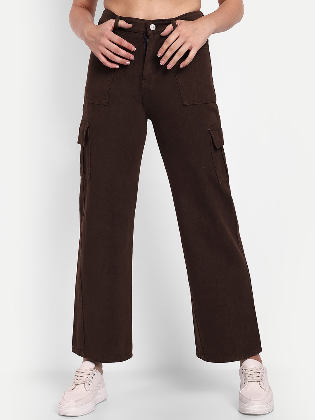 

BROADSTAR Women Smart Wide Leg High Rise Stretchable Cargo Jeans, Brown