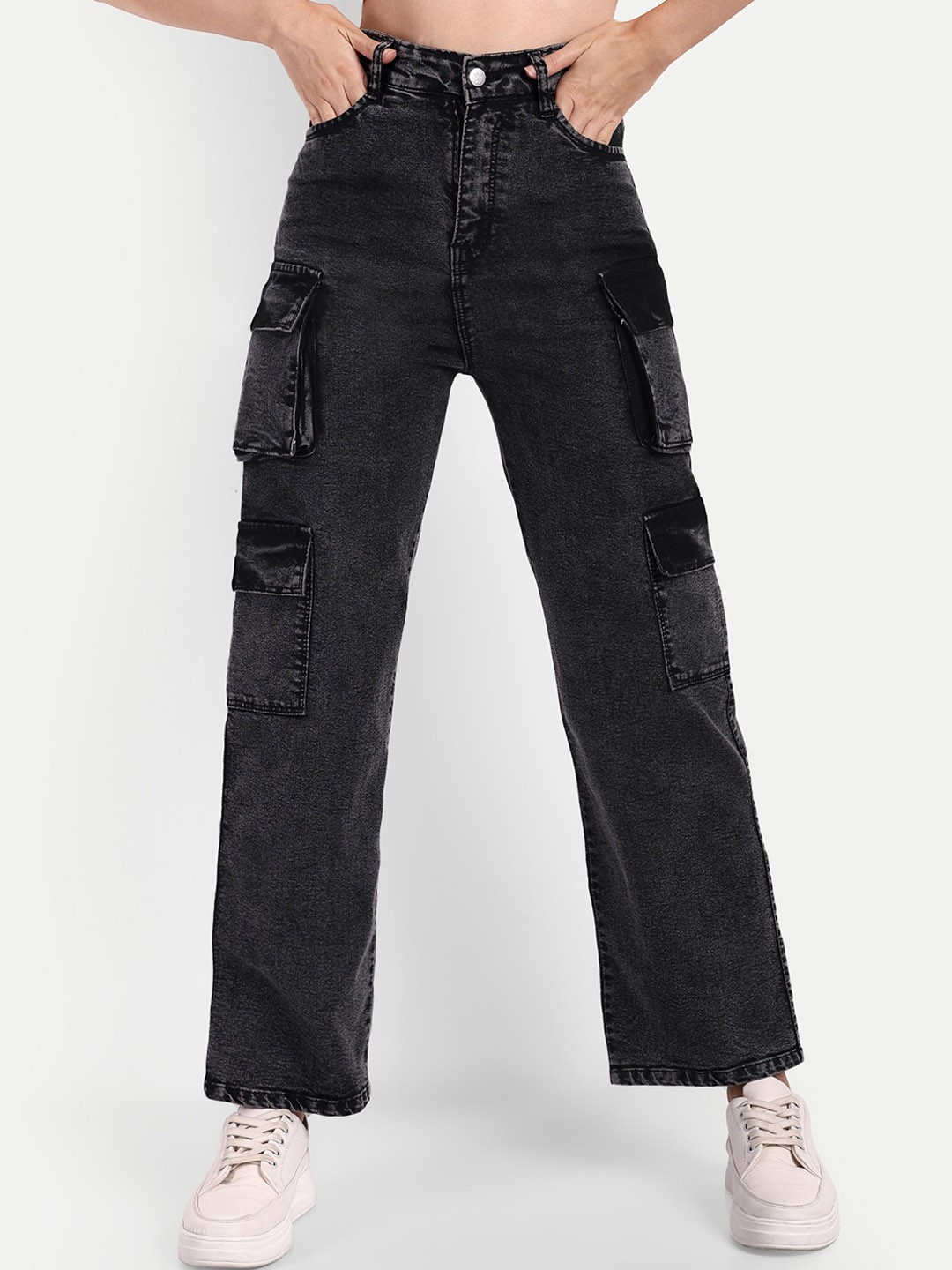 

BROADSTAR Women Smart Wide Leg High Rise Clean Look Heavy Fade Stretchable Jeans, Black