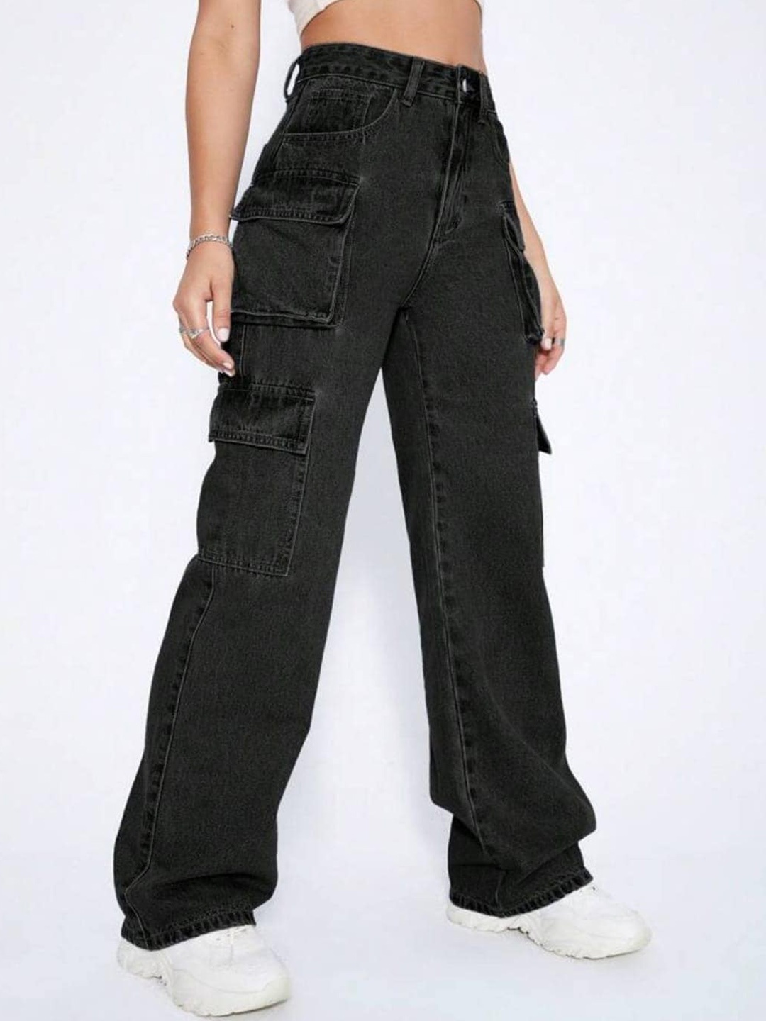 

BROADSTAR Women Smart Wide Leg High-Rise Stretchable Cargo Jeans, Black
