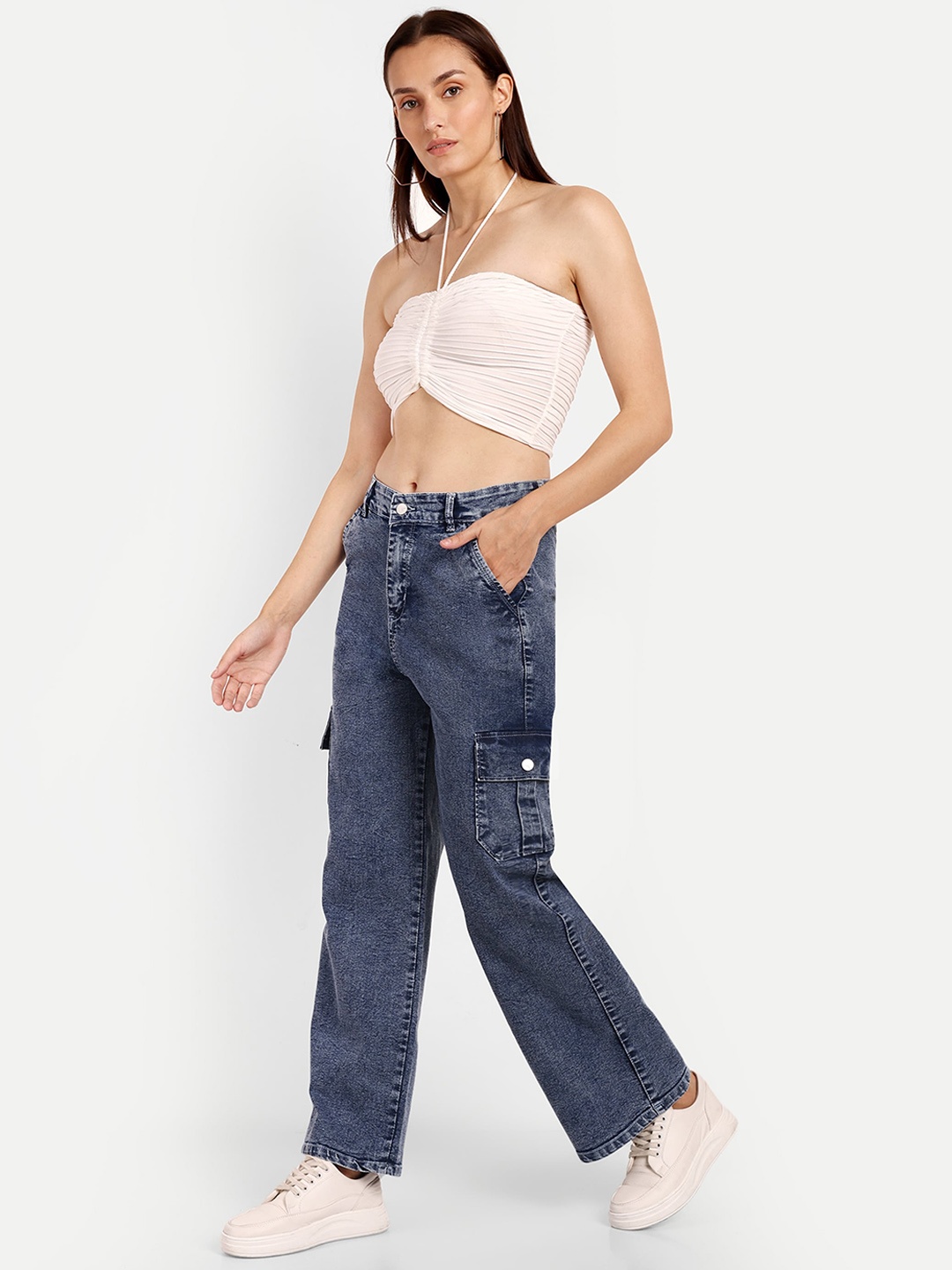 

BROADSTAR Women Smart Wide Leg High-Rise Stretchable Cargo Jeans, Blue
