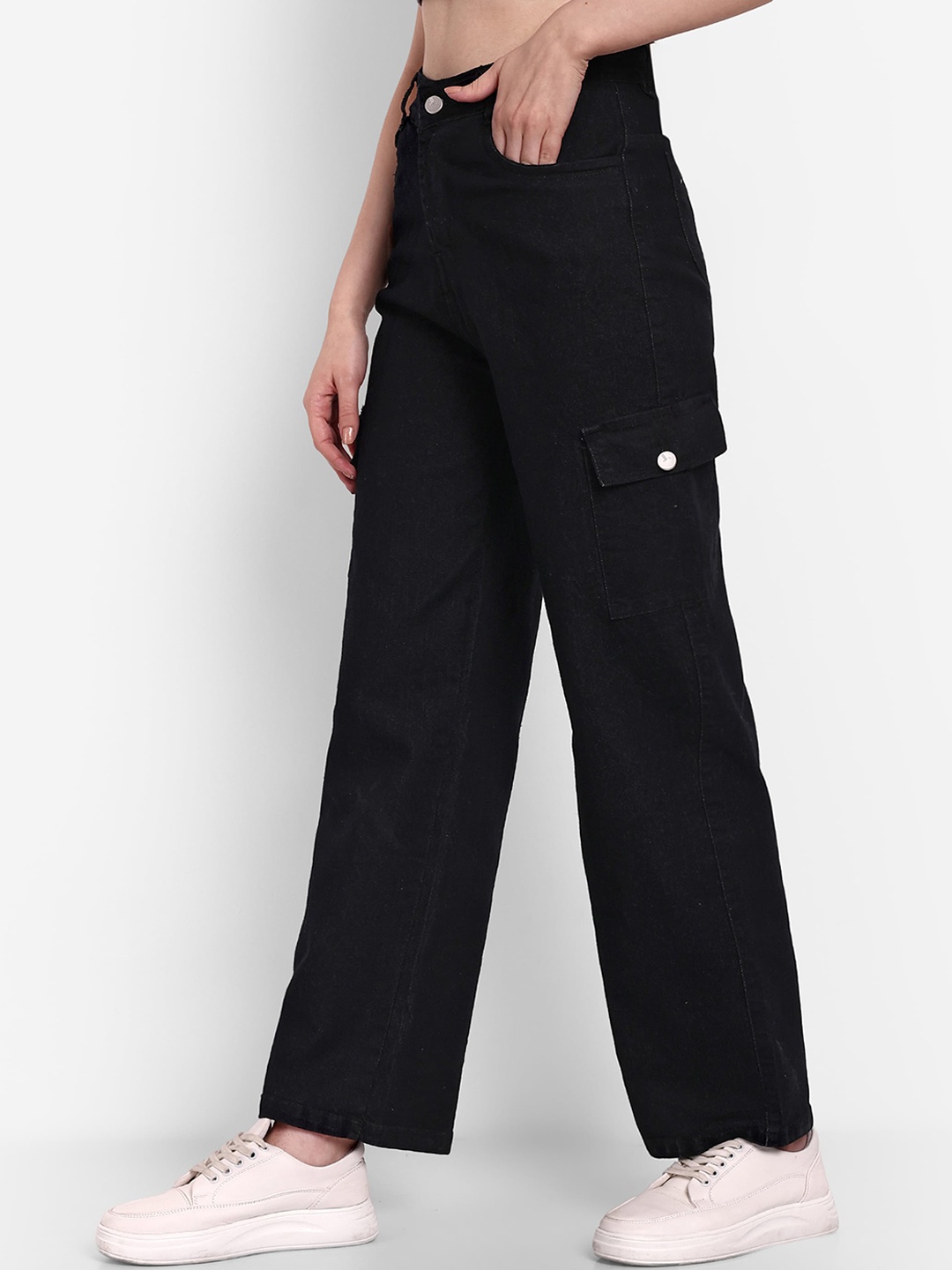 

BROADSTAR Women Smart Wide Leg High-Rise Clean Look Stretchable Cargo Jeans, Black