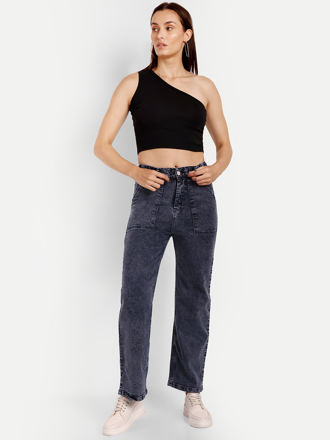 

BROADSTAR Women Smart Wide Leg High-Rise Light Fade Stretchable Jeans, Navy blue