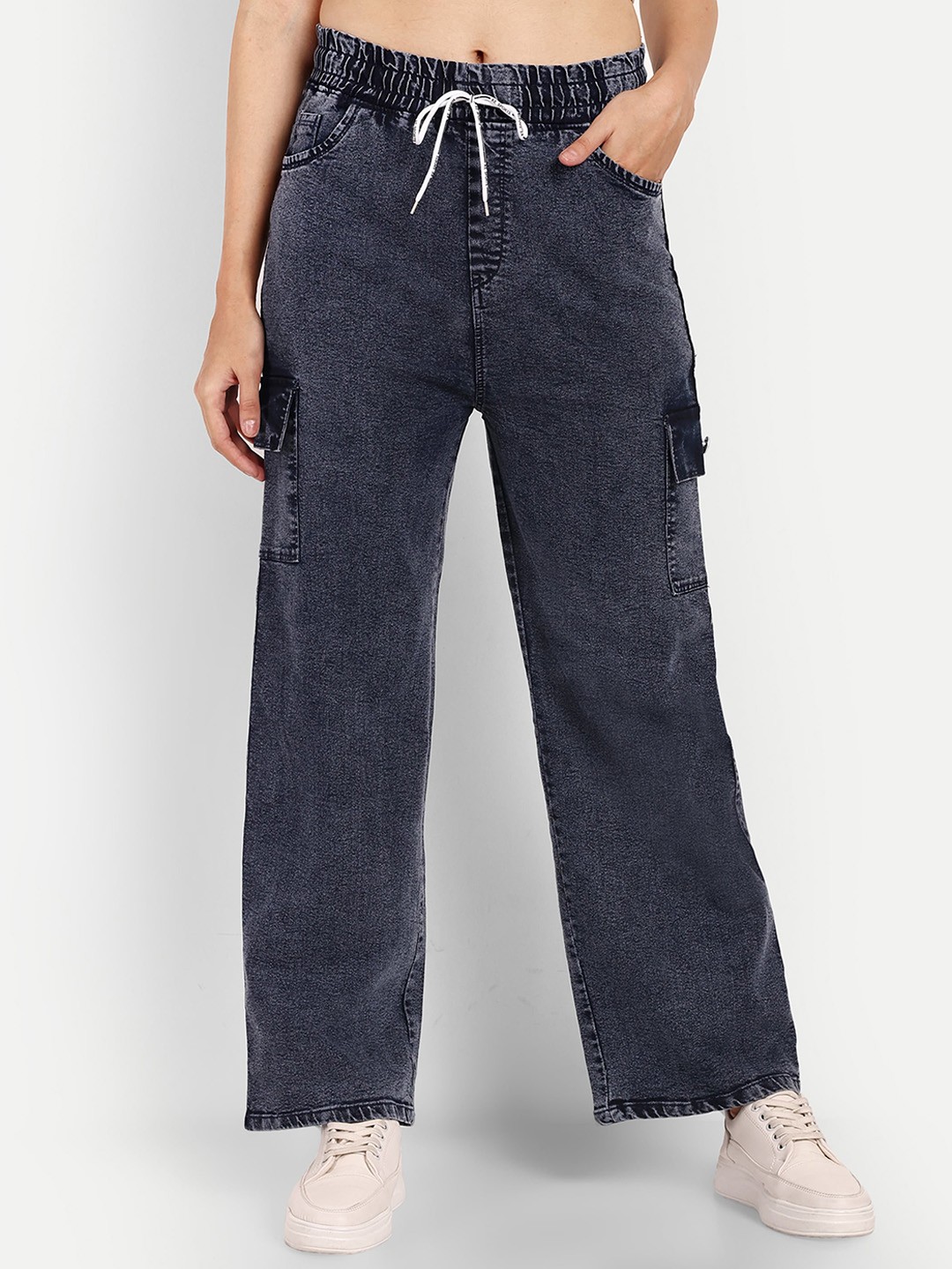 

BROADSTAR Women Smart Wide Leg High-Rise Stretchable Cargo Jeans, Navy blue
