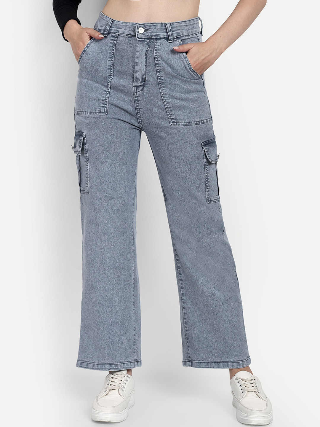 

BROADSTAR Women Grey Smart Wide Leg High-Rise Clean Look Stretchable Jeans