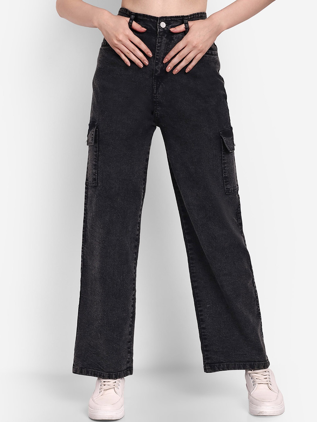 

BROADSTAR Women Smart Wide Leg High-Rise Stretchable Cargo Jeans, Black