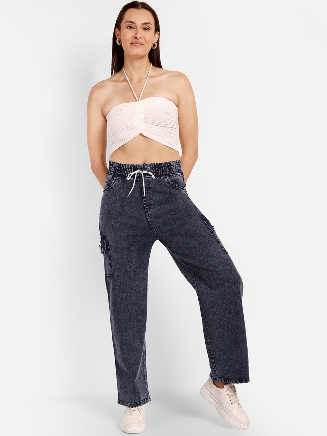 

BROADSTAR Women Smart Wide Leg High-Rise Stretchable Cargo Jeans, Navy blue