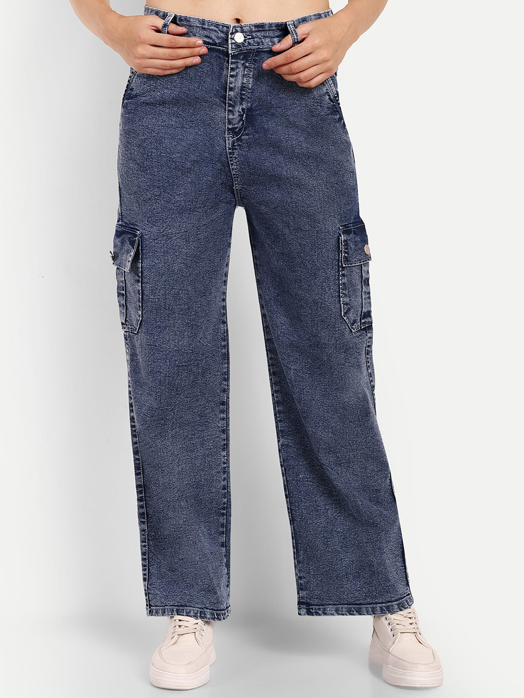 

BROADSTAR Women Smart Wide Leg High-Rise Stretchable Cargo Jeans, Blue