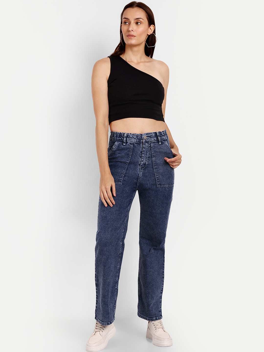 

BROADSTAR Women Smart Wide Leg High-Rise Light Fade Stretchable Jeans, Navy blue