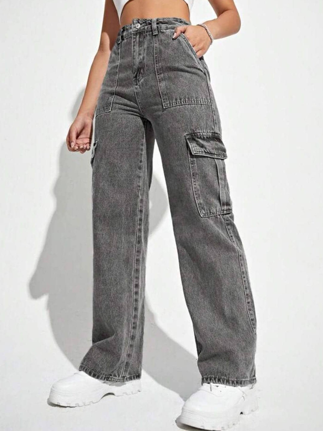 

BROADSTAR Women Smart Wide Leg High-Rise Heavy Fade Clean Look Stretchable Cargos, Grey