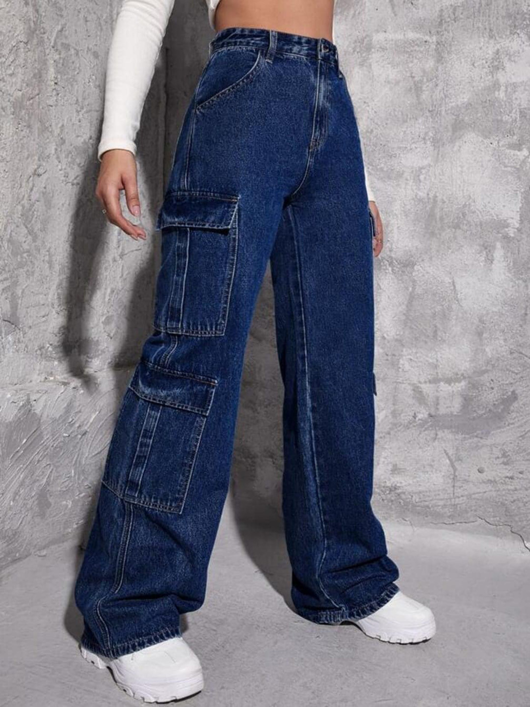 

BROADSTAR Women Smart Wide Leg High-Rise Clean Look Stretchable Cargo Jeans, Blue