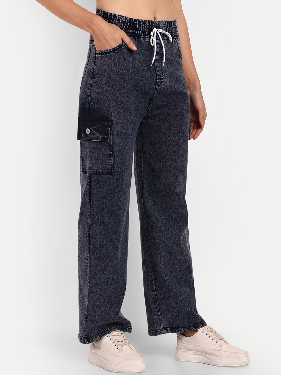 

BROADSTAR Women Smart Wide Leg High-Rise Cotton Stretchable Jeans, Navy blue