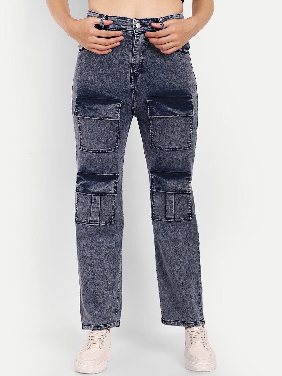 

BROADSTAR Women Smart regular Leg High-Rise Stretchable Cargo Jeans, Navy blue