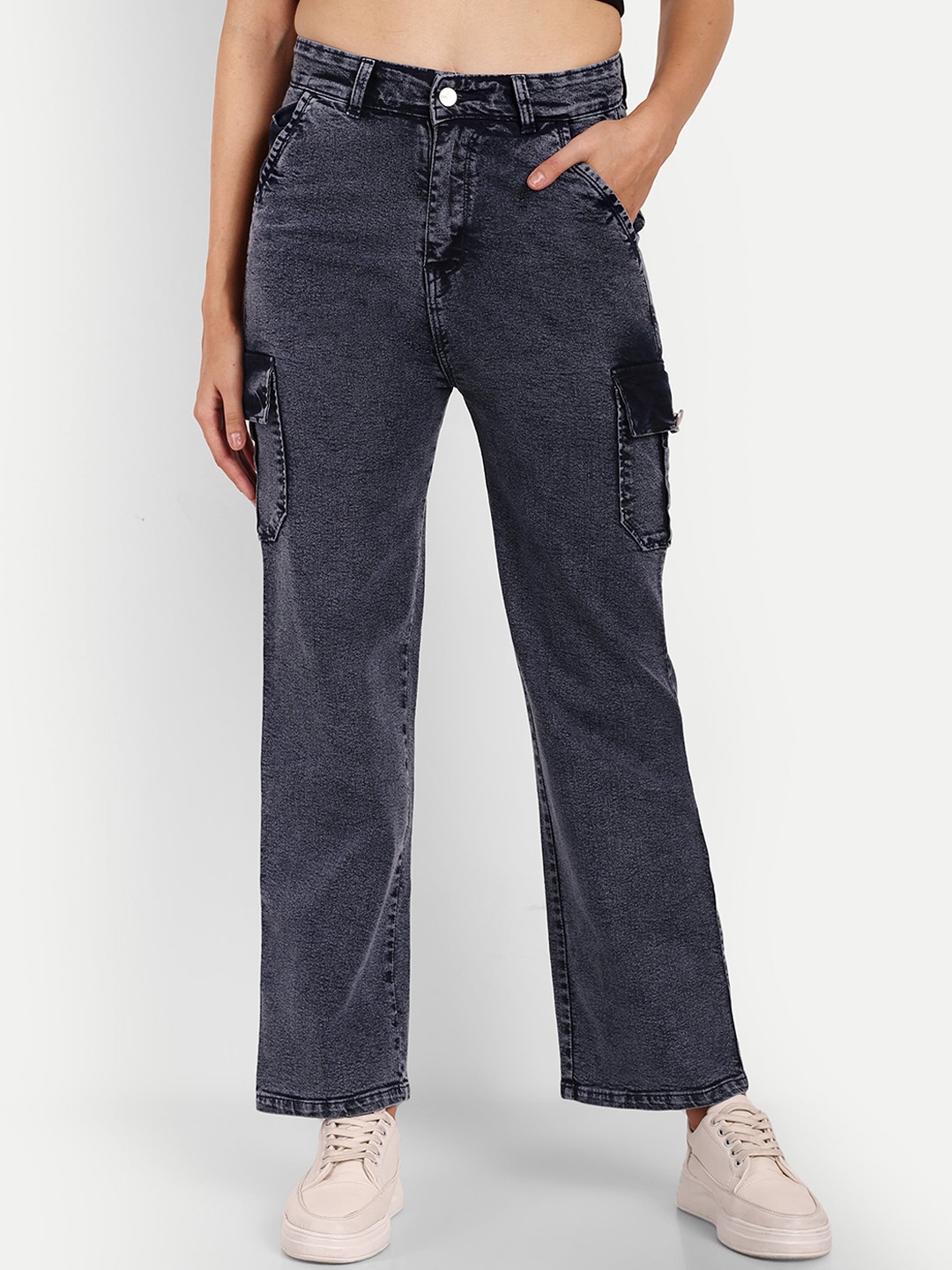 

BROADSTAR Women Smart Wide Leg High-Rise Stretchable Cargo Jeans, Navy blue