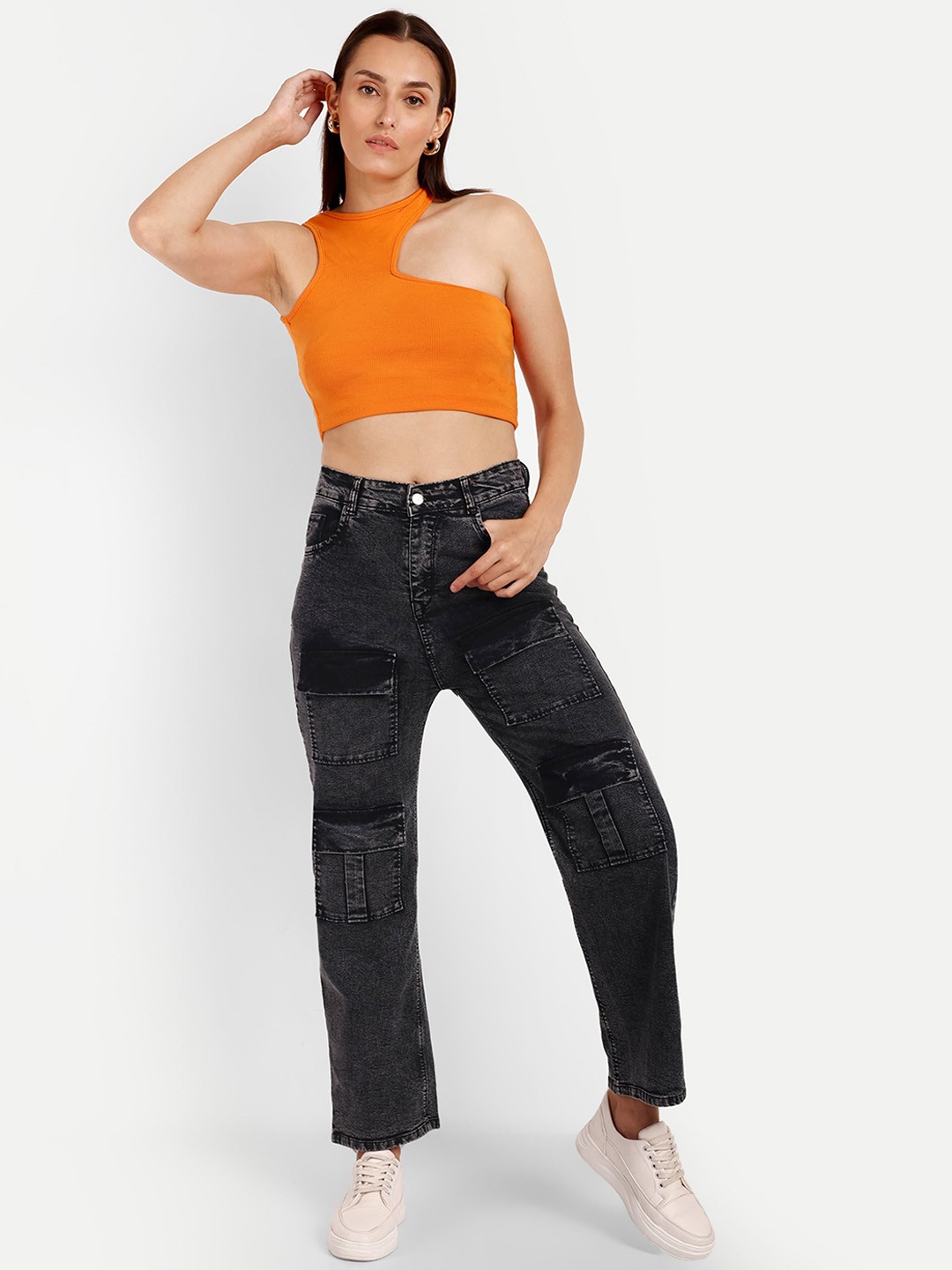 

BROADSTAR Women Black Smart Wide Leg High-Rise Light Fade Stretchable Cargo Jeans