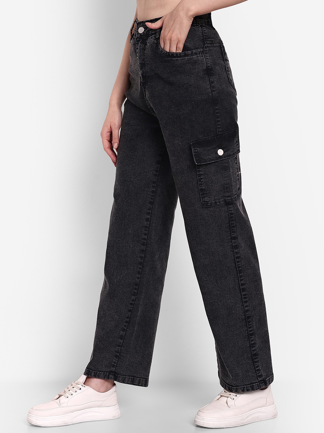 

BROADSTAR Women Smart Wide Leg High-Rise Dark Shade Clean Look Stretchable Cargos, Black