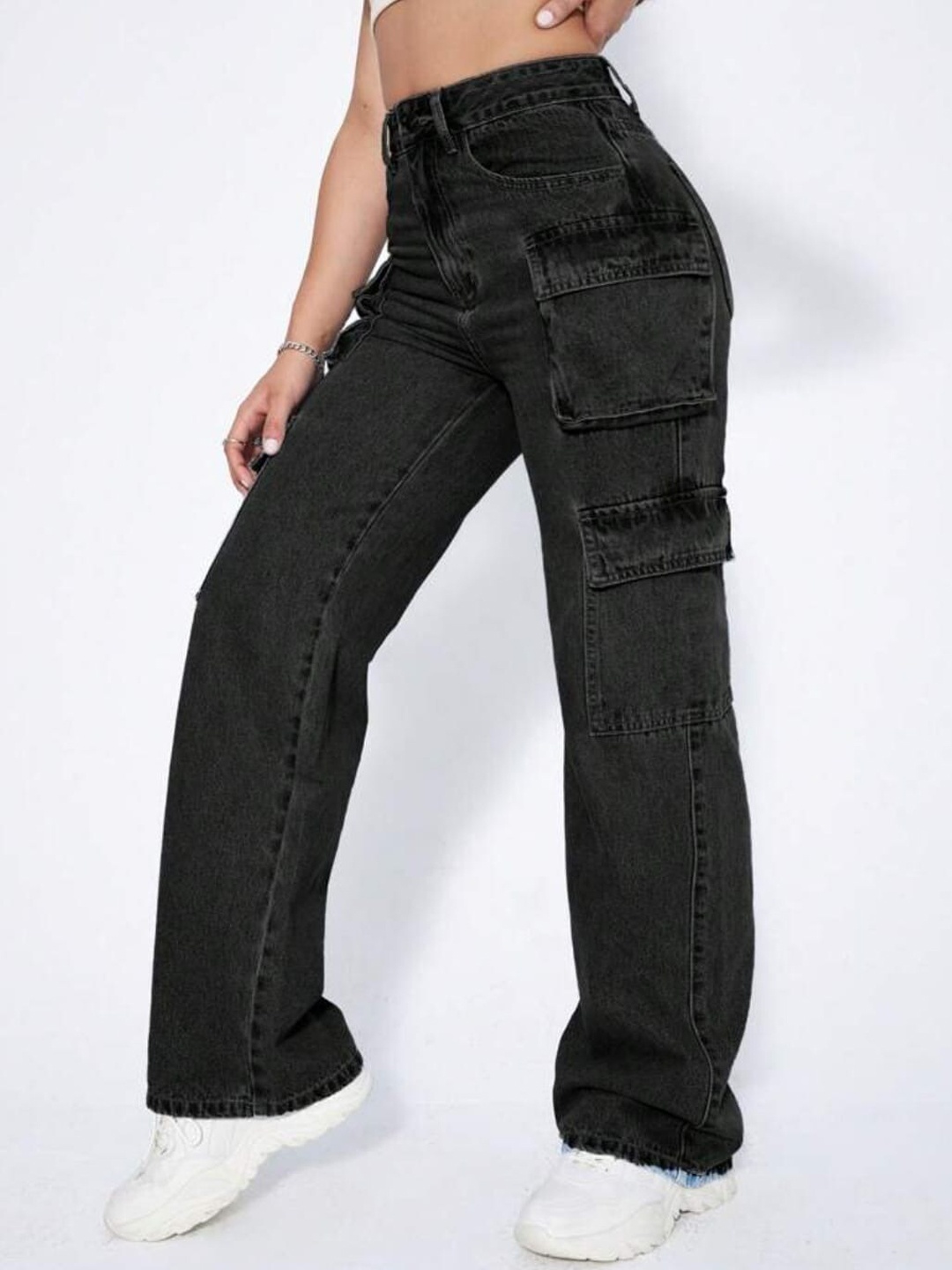 

BROADSTAR Women Smart Wide Leg High-Rise Stretchable Cargo Jeans, Black