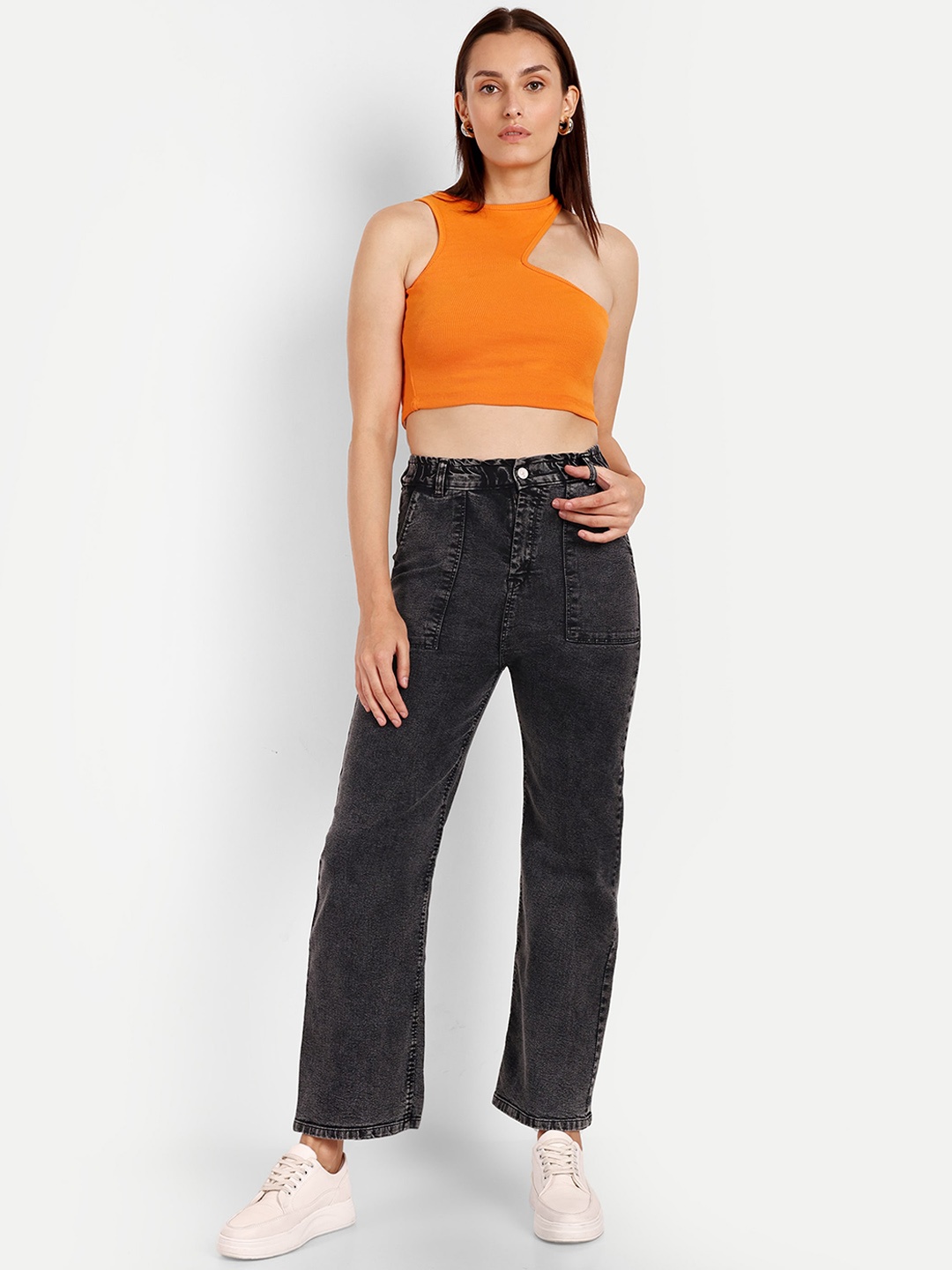 

BROADSTAR Women Smart Wide Leg High-Rise Heavy Fade Stretchable Jeans, Black