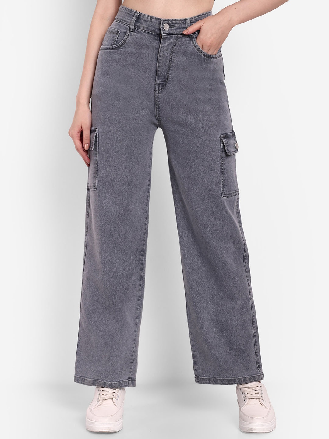 

BROADSTAR Women Smart Clean Look Wide Leg High-Rise Cotton Stretchable Jeans, Grey