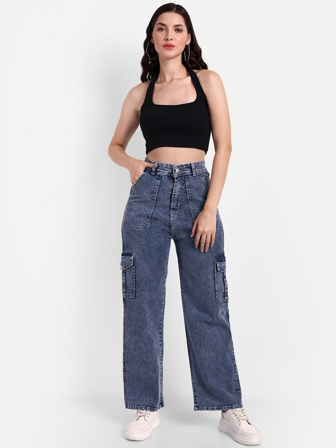 

BROADSTAR Women Smart Straight Fit High-Rise Stretchable Cargo Jeans, Blue