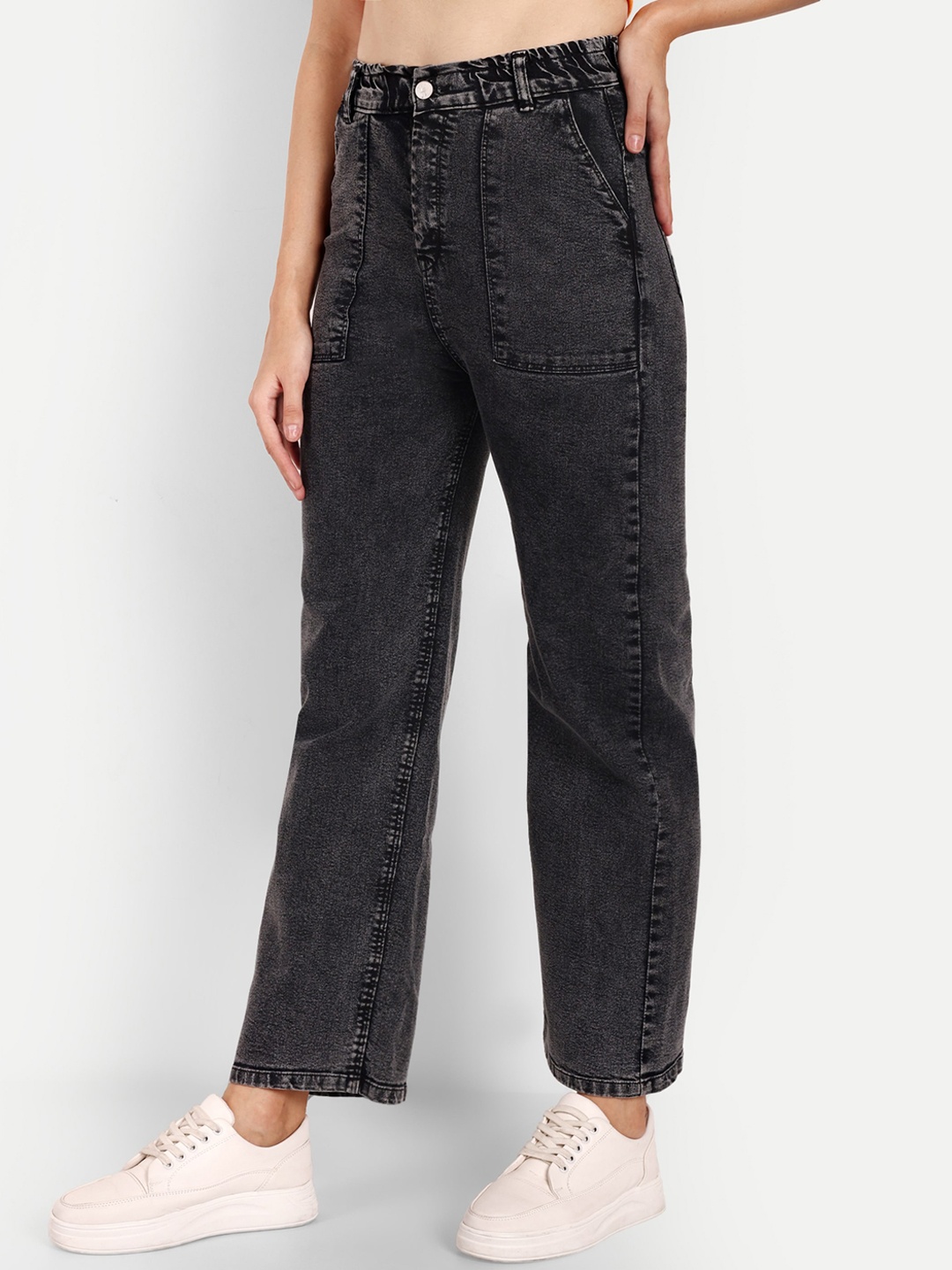 

BROADSTAR Women Smart Wide Leg High-Rise Light Fade Stretchable Jeans, Black