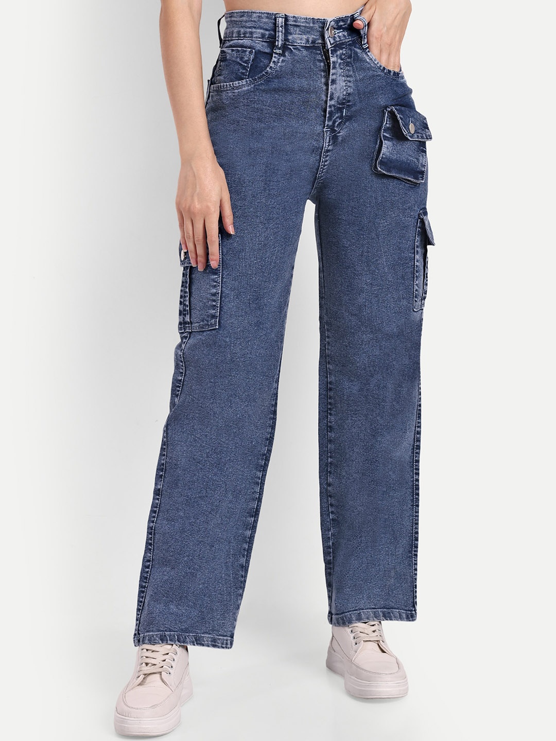 

BROADSTAR Women Smart Straight Fit High-Rise Stretchable Cargo Jeans, Blue