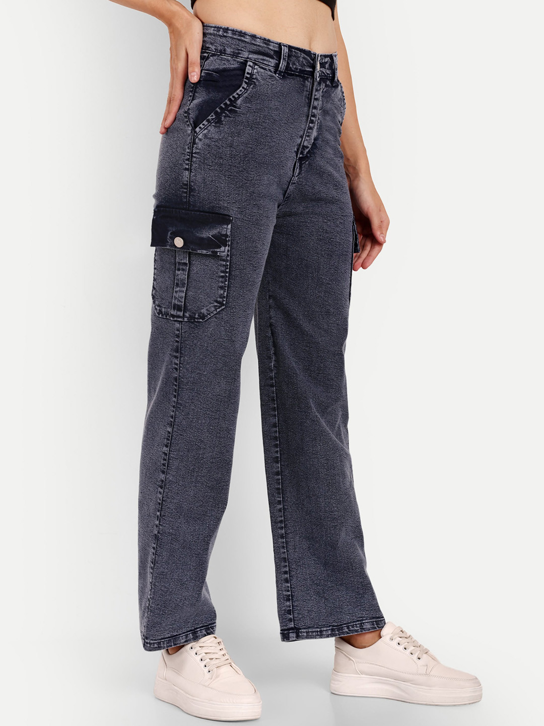 

BROADSTAR Women Smart Wide Leg High-Rise Heavy Fade Stretchable Jeans, Navy blue