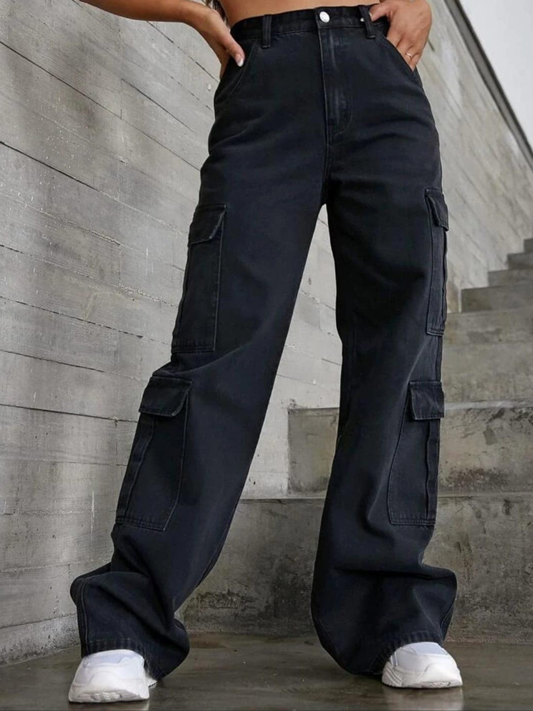 

BROADSTAR Women Smart Wide Leg High-Rise Light Fade Stretchable Jeans, Black