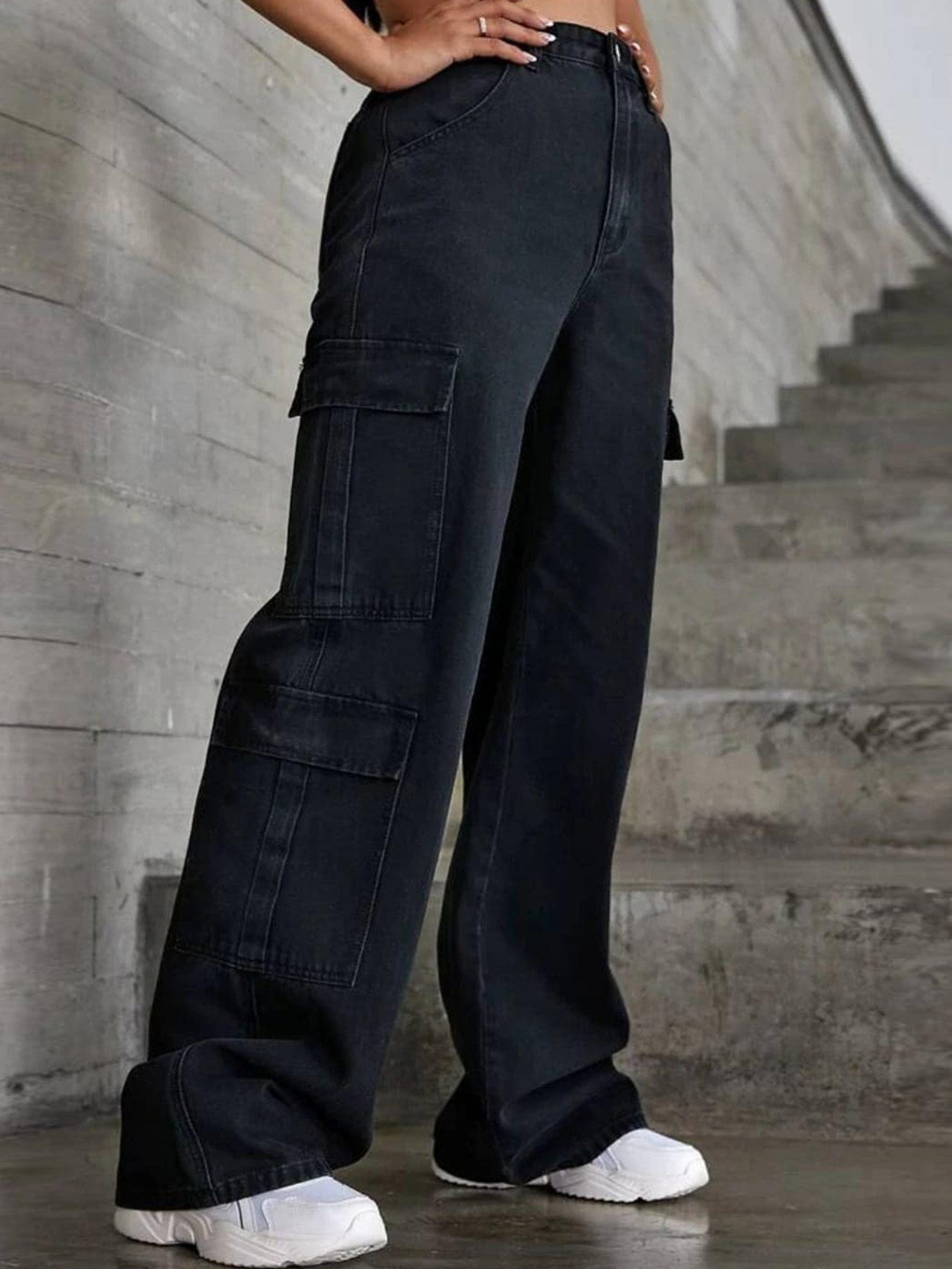 

BROADSTAR Women Smart Wide Leg High-Rise Stretchable Cargo Jeans, Black