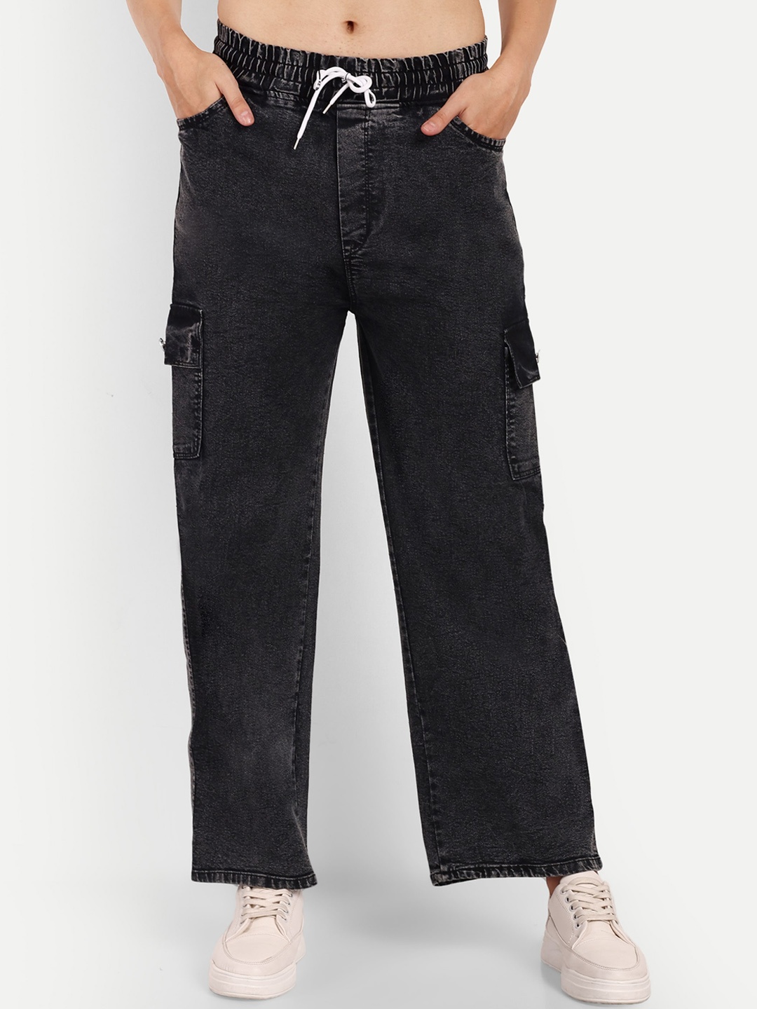 

BROADSTAR Women Smart Wide Leg High-Rise Stretchable Cargo Jeans, Black