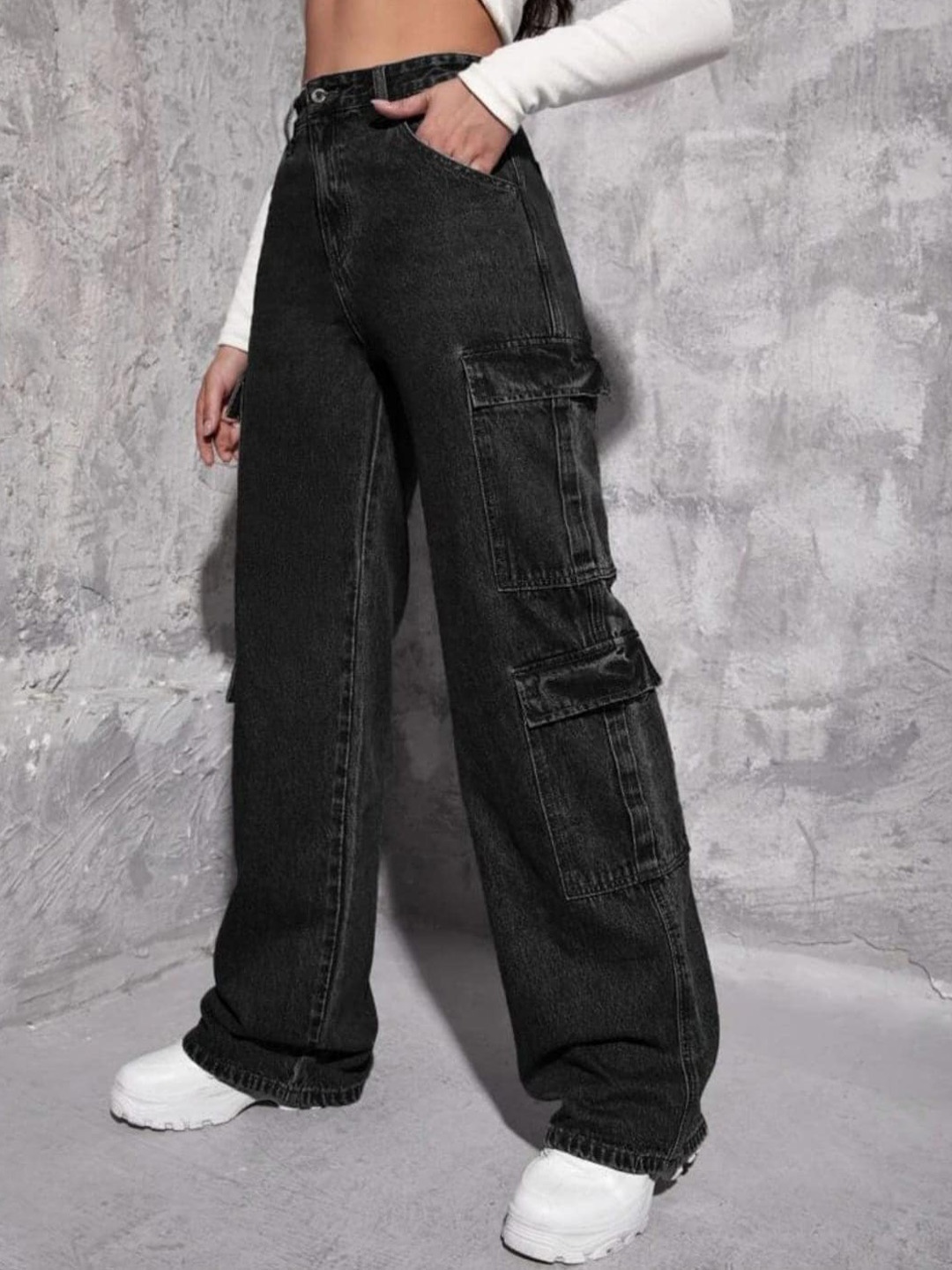 

BROADSTAR Women Smart Wide Leg High-Rise Stretchable Jeans, Black