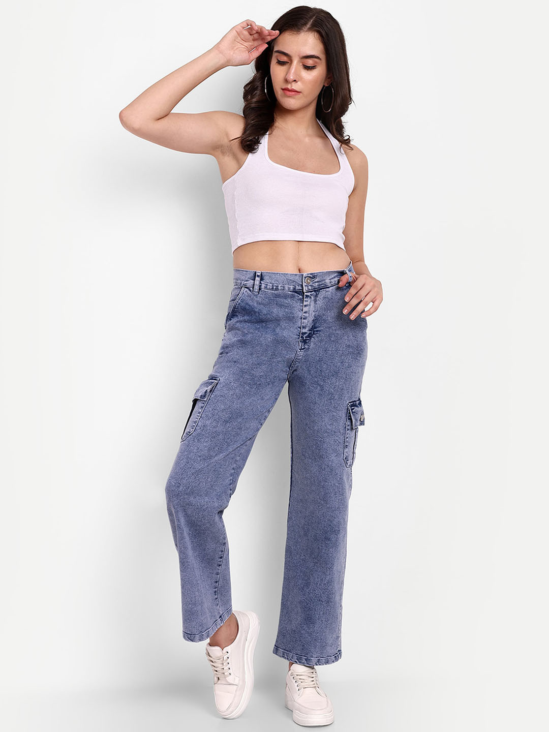 

BROADSTAR Women Smart Wide Leg High-Rise Clean Look Heavy Fade Stretchable Jeans, Navy blue