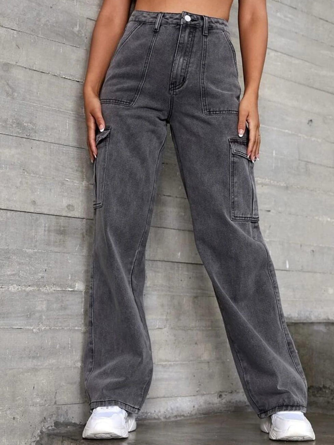 

BROADSTAR Women Smart Wide Leg High-Rise Heavy Fade Stretchable Cargo Jeans, Grey