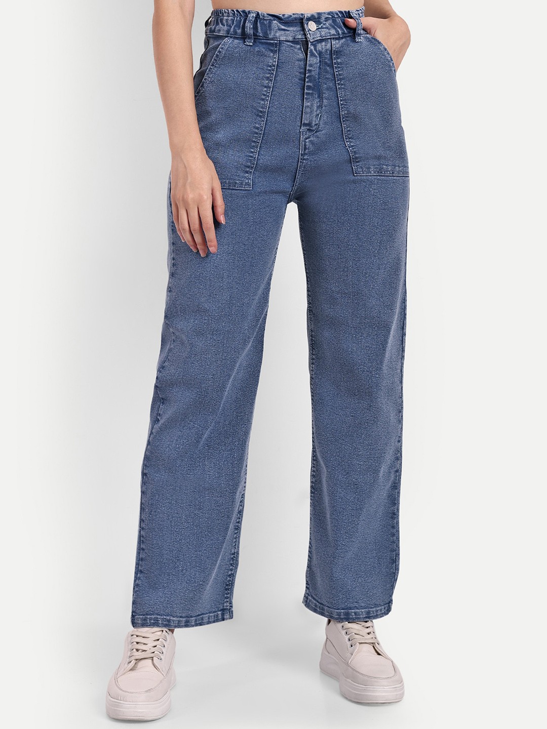 

BROADSTAR Women Smart Wide Leg High-Rise Stretchable Cargo Jeans, Blue
