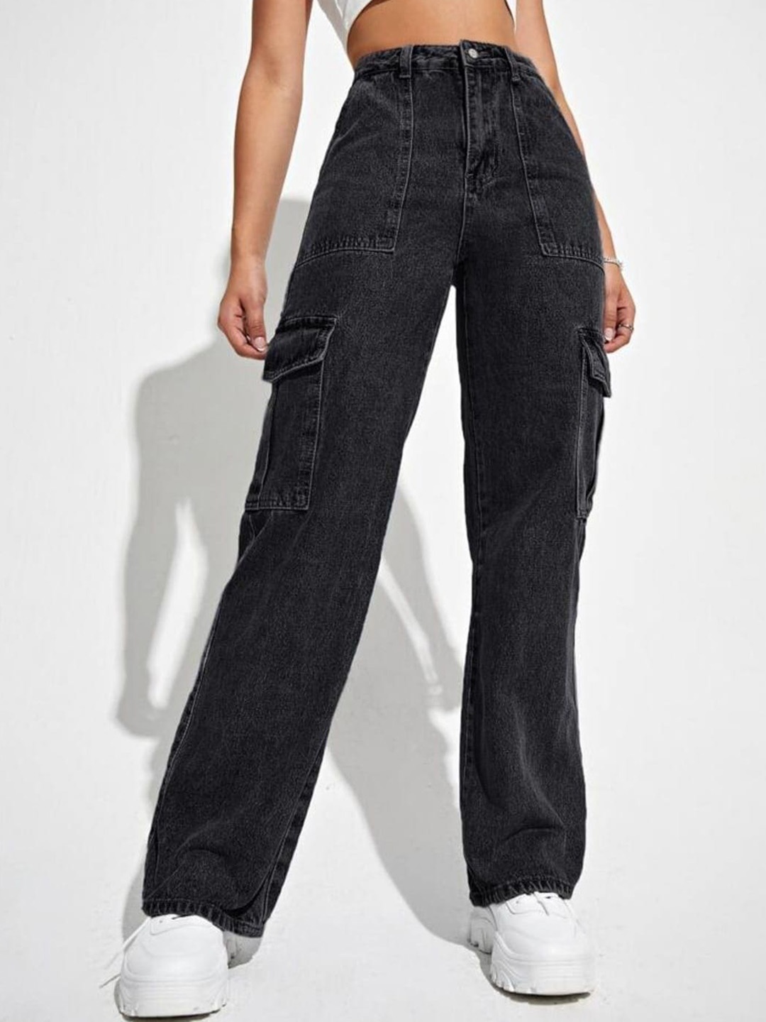 

BROADSTAR Women Smart Wide Leg High-Rise Clean Look Stretchable Cargo Jeans, Black