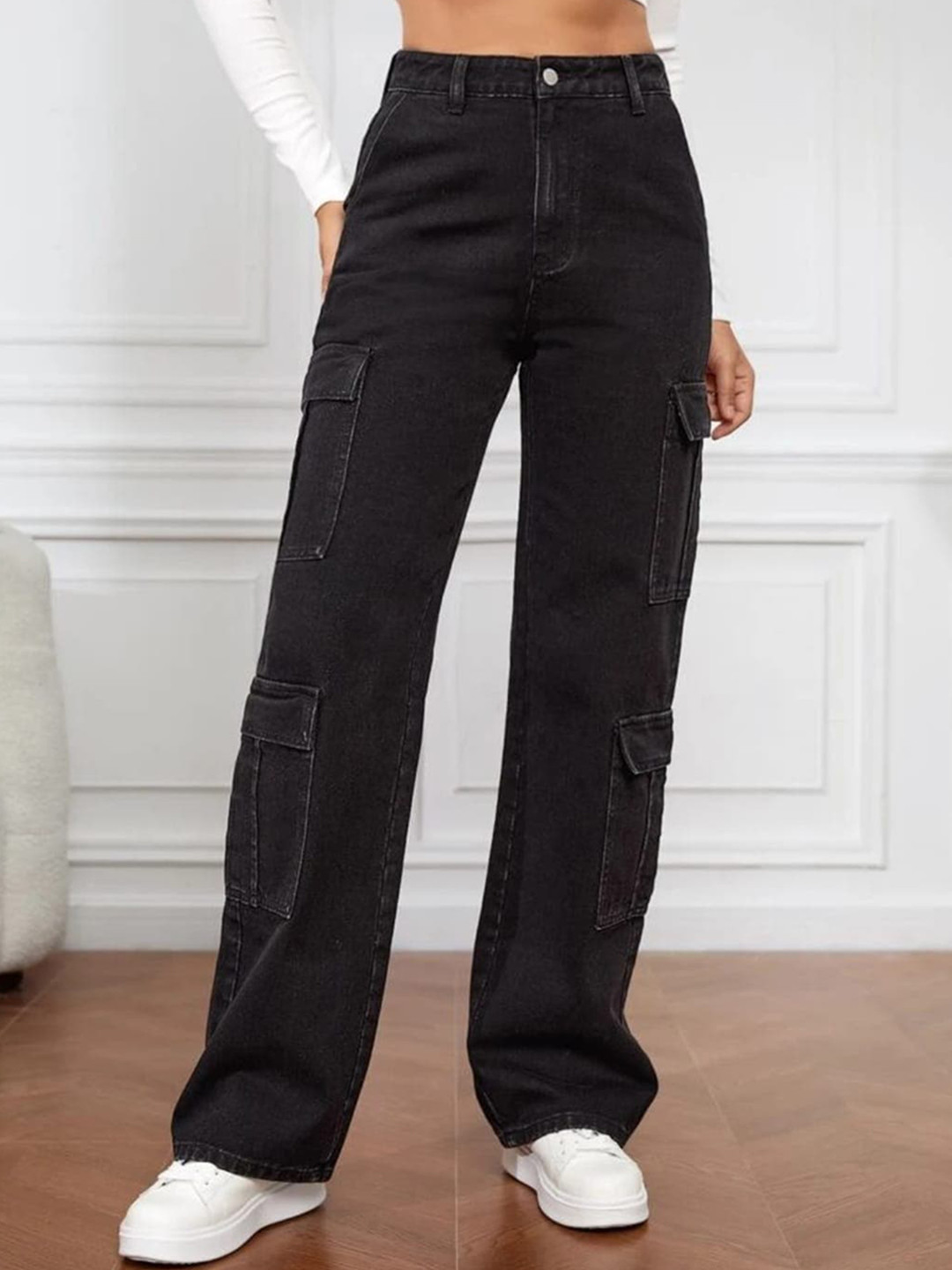 

BROADSTAR Women Smart Wide Leg High-Rise Clean Look Stretchable Cargo Jeans, Black