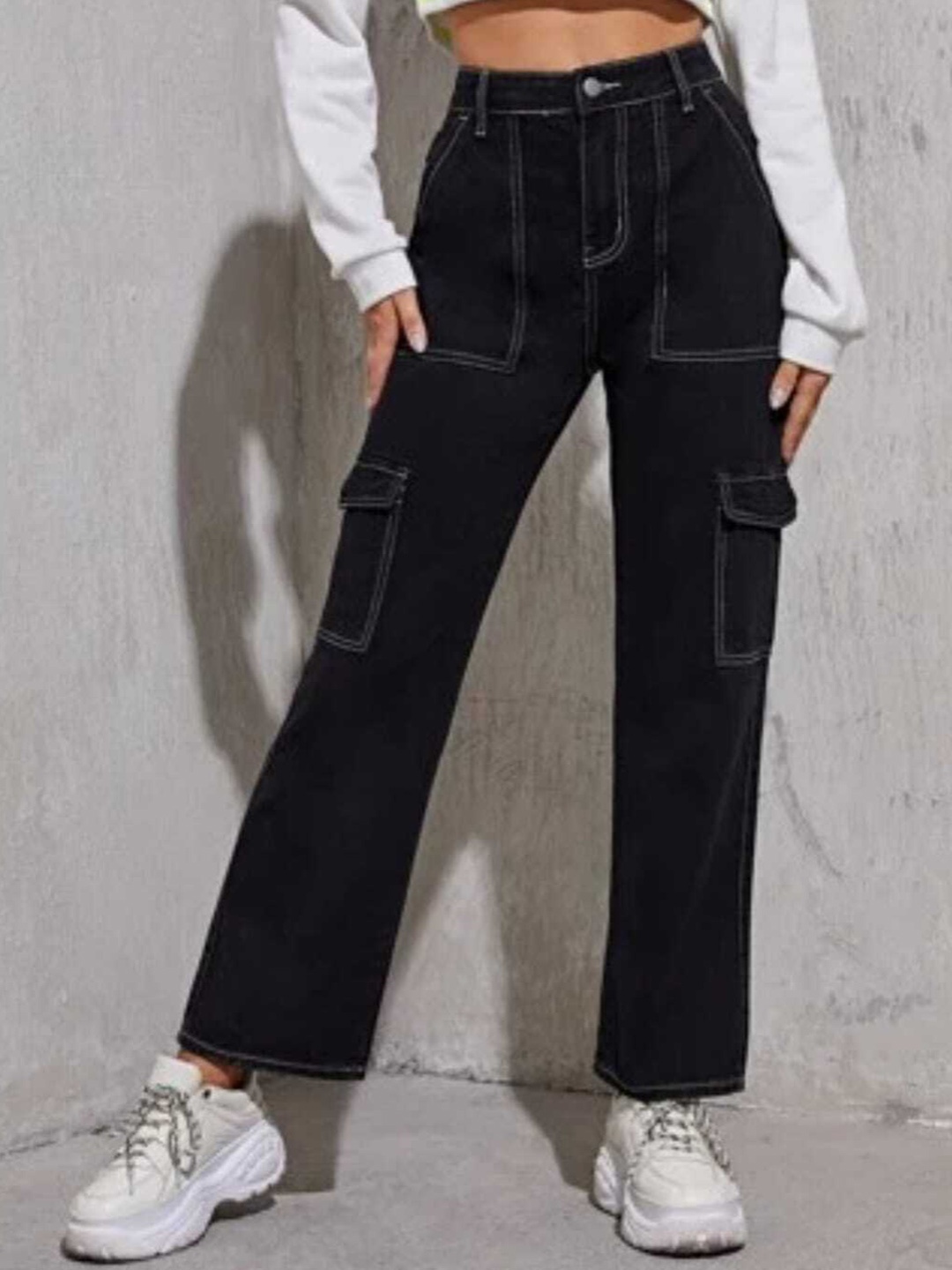

BROADSTAR Women Smart Wide Leg High-Rise Stretchable Cargo Jeans, Black