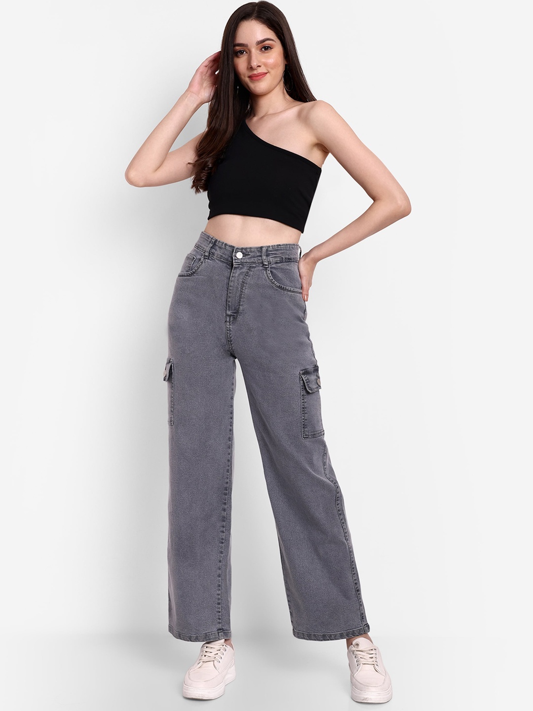 

BROADSTAR Women Smart Wide Leg High-Rise Clean Look Stretchable Cargo Jeans, Grey