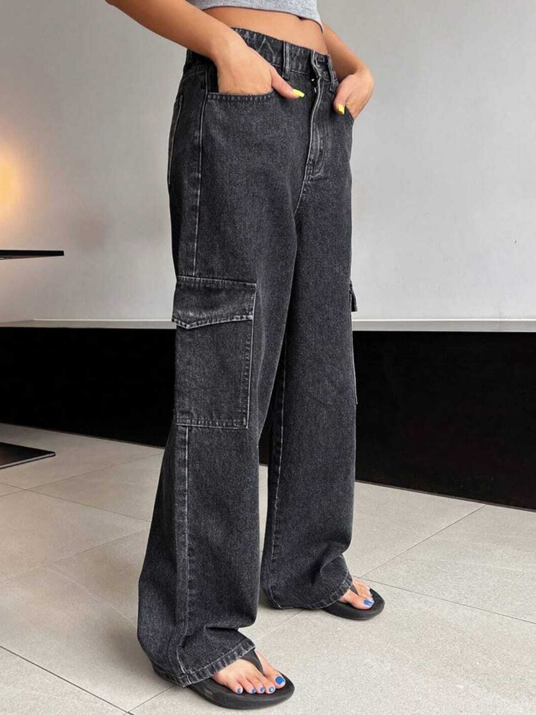 

Next One Women Smart Wide Leg High-Rise Heavy Fade Clean Look Stretchable Jeans, Black