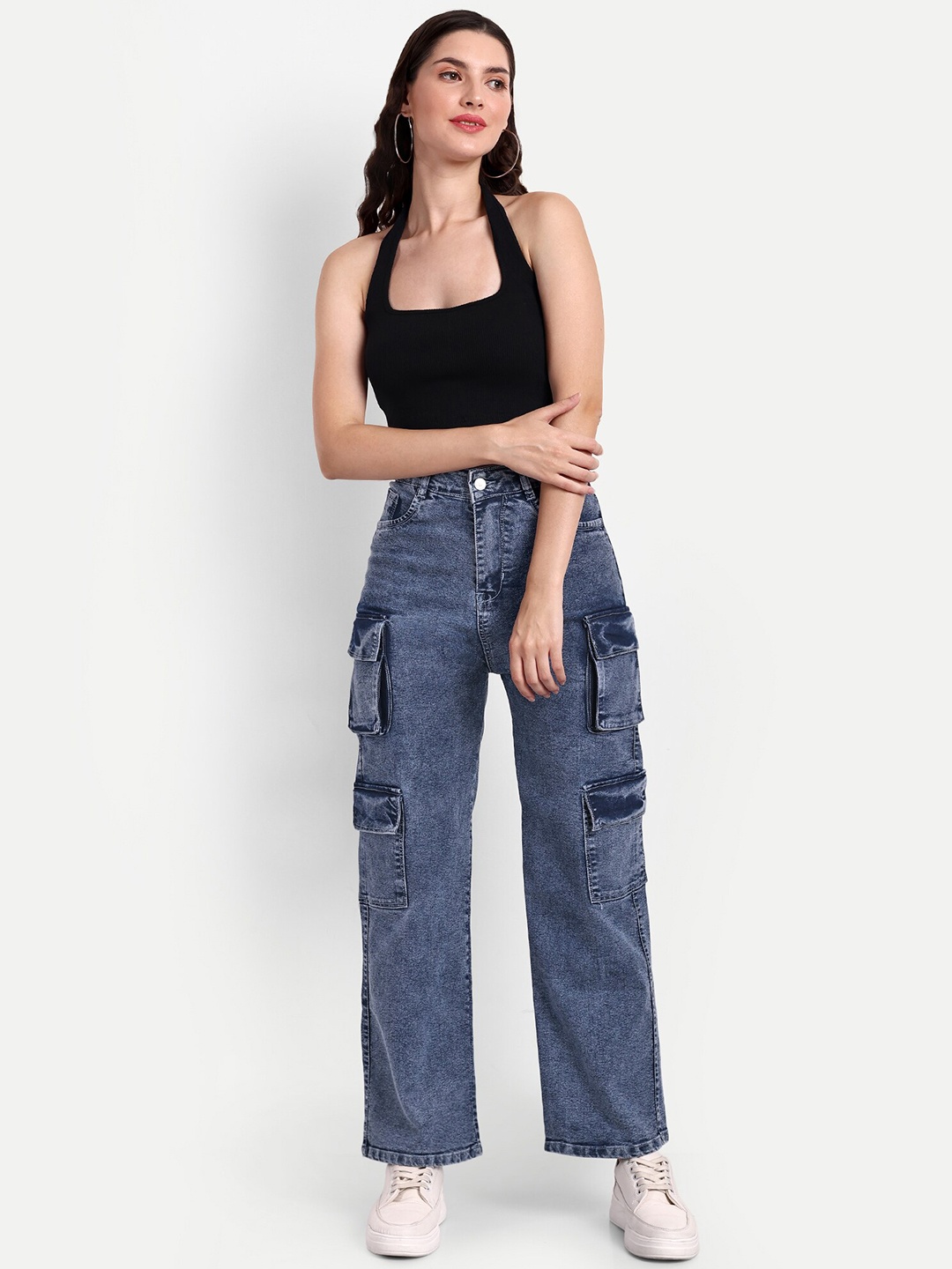 

Next One Women Smart Wide Leg High-Rise Mildly Distressed Heavy Fade Stretchable Jeans, Blue